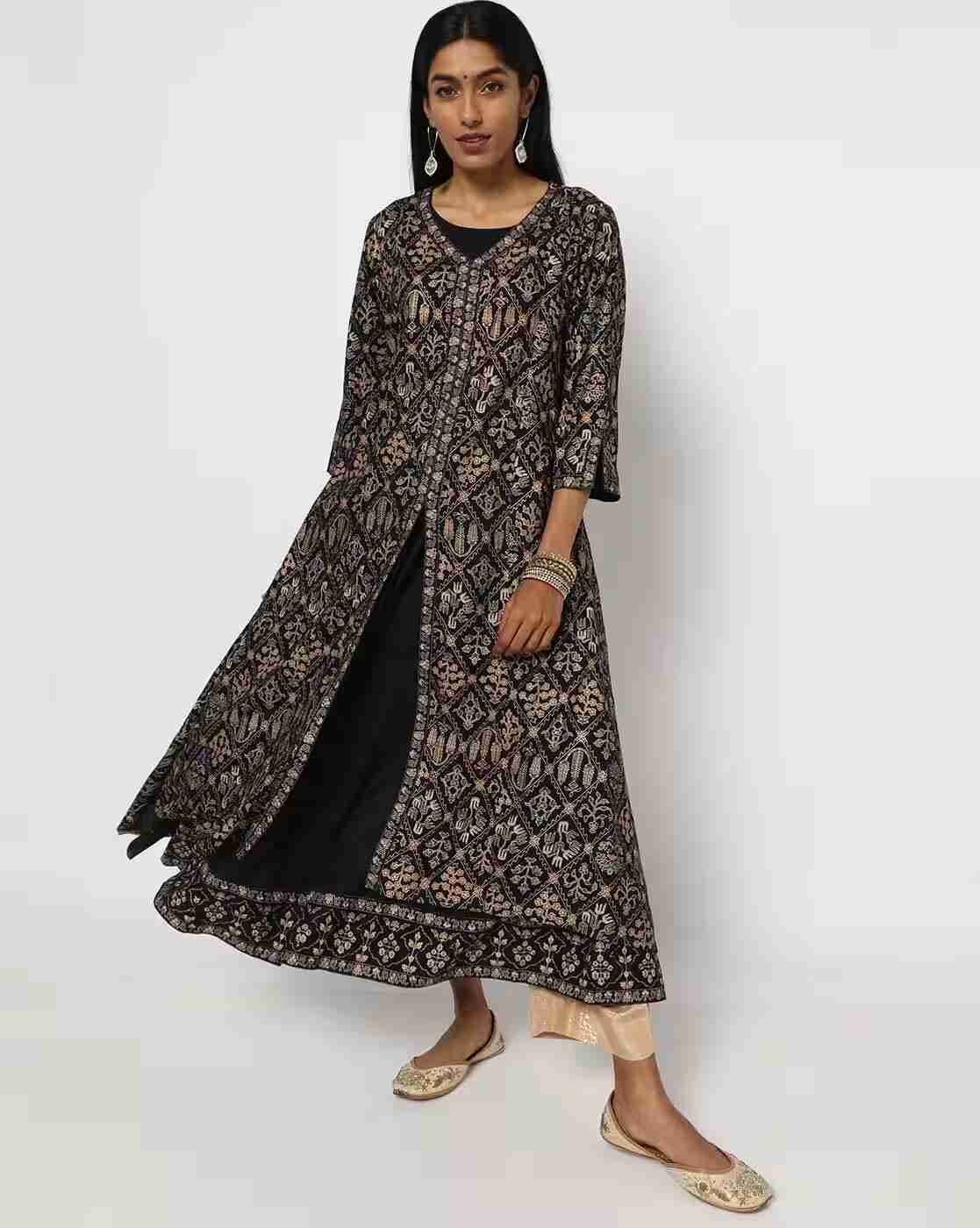 AVAASA MIX N' MATCH | Geometric Print Layered Kurta|0