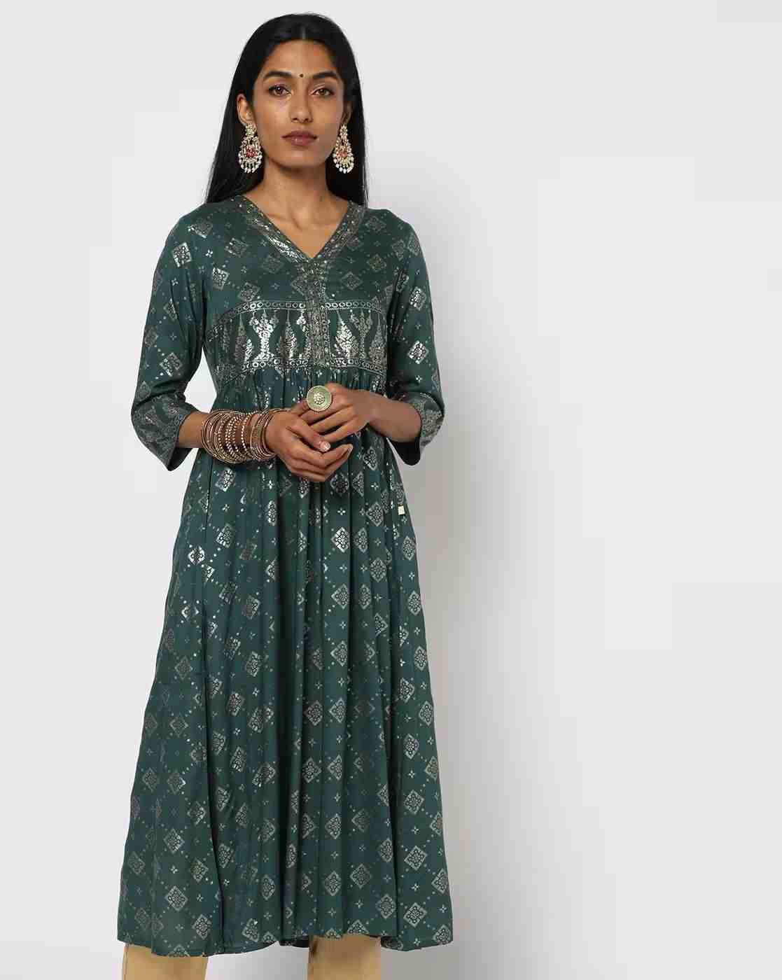 AVAASA MIX N' MATCH | Geometric Print Flared Kurta|0