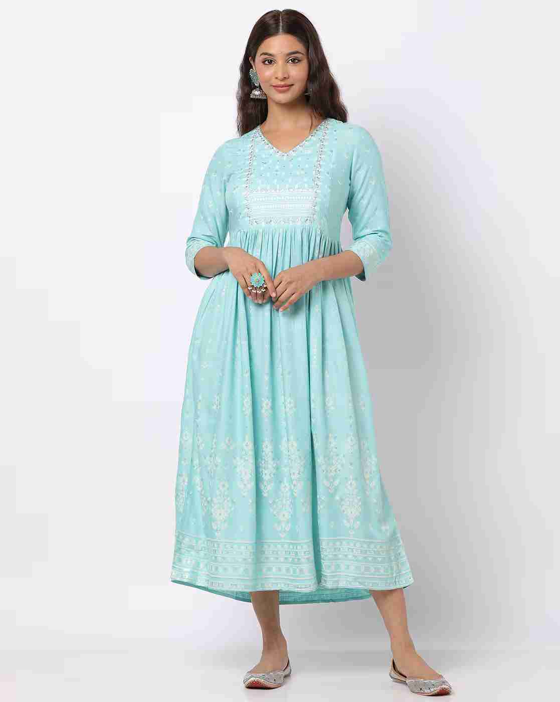 AVAASA MIX N' MATCH | Printed V-Neck Flared Kurta|0