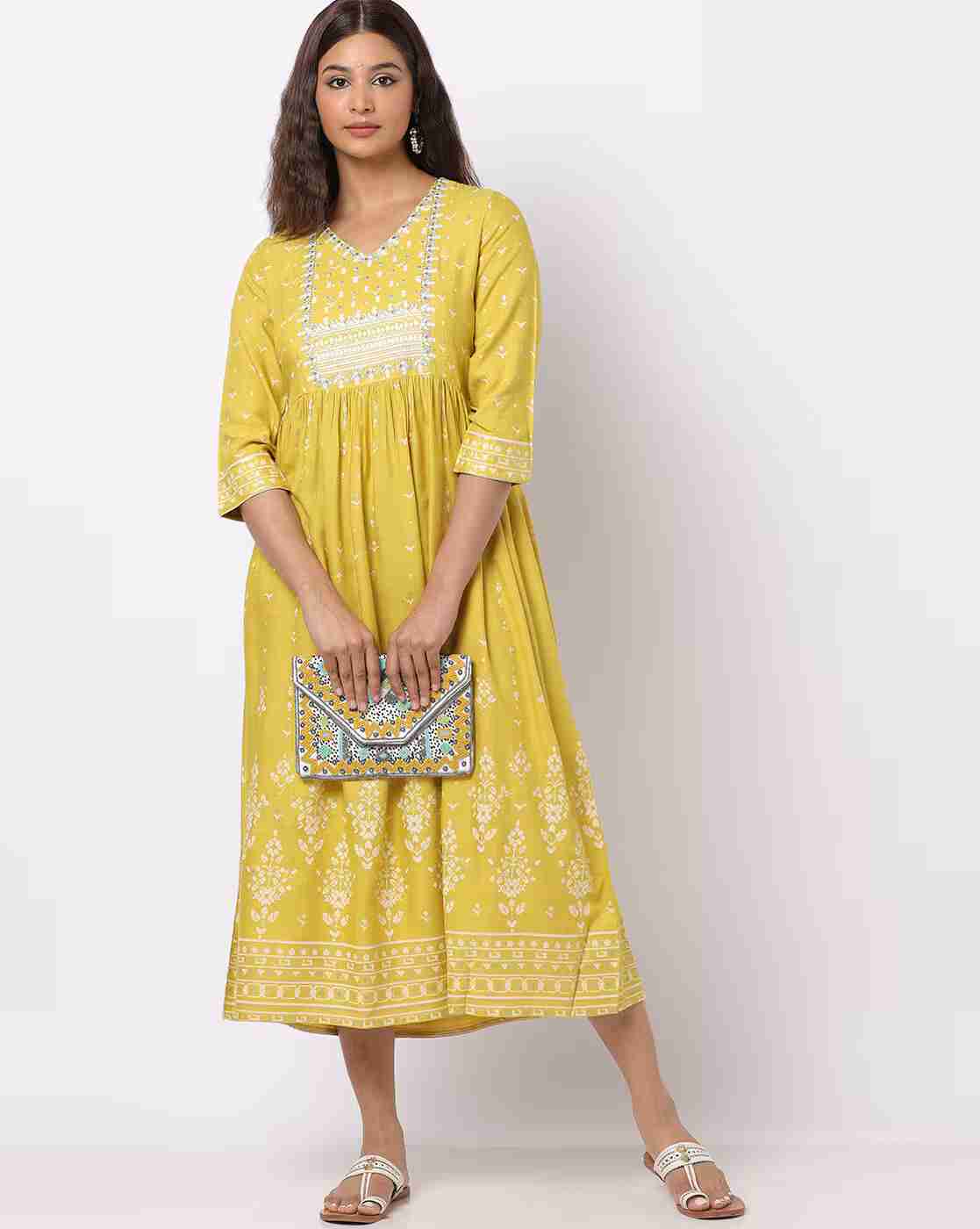 Printed V-Neck Flared Kurta