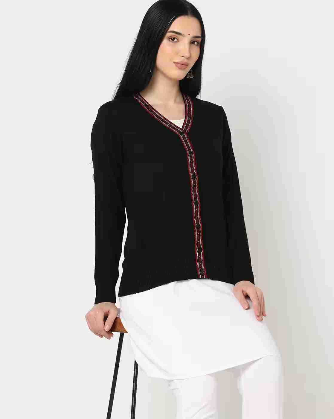 AVAASA MIX N' MATCH | Geometric-Knit V-Neck Cardigan|0