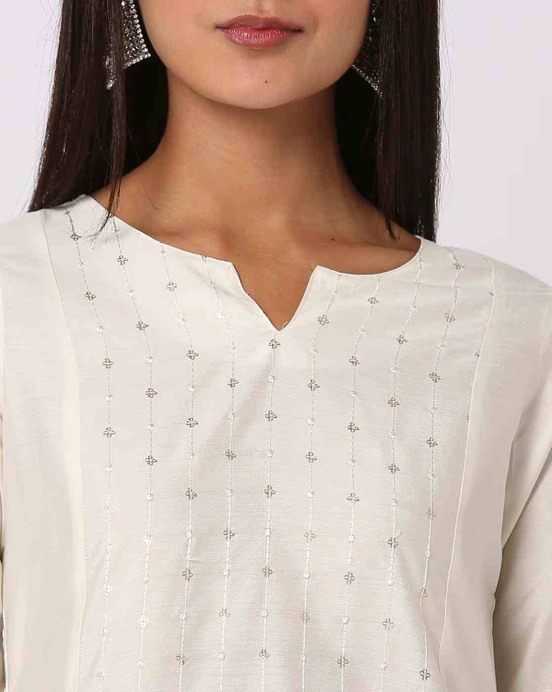 AVAASA MIX N' MATCH | Embellished Notched Round-Neck Straight Kurta|3