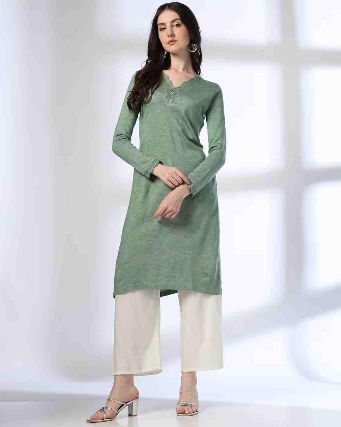 AVAASA MIX N' MATCH | Women Heathered V-Neck Straight Kurta|0