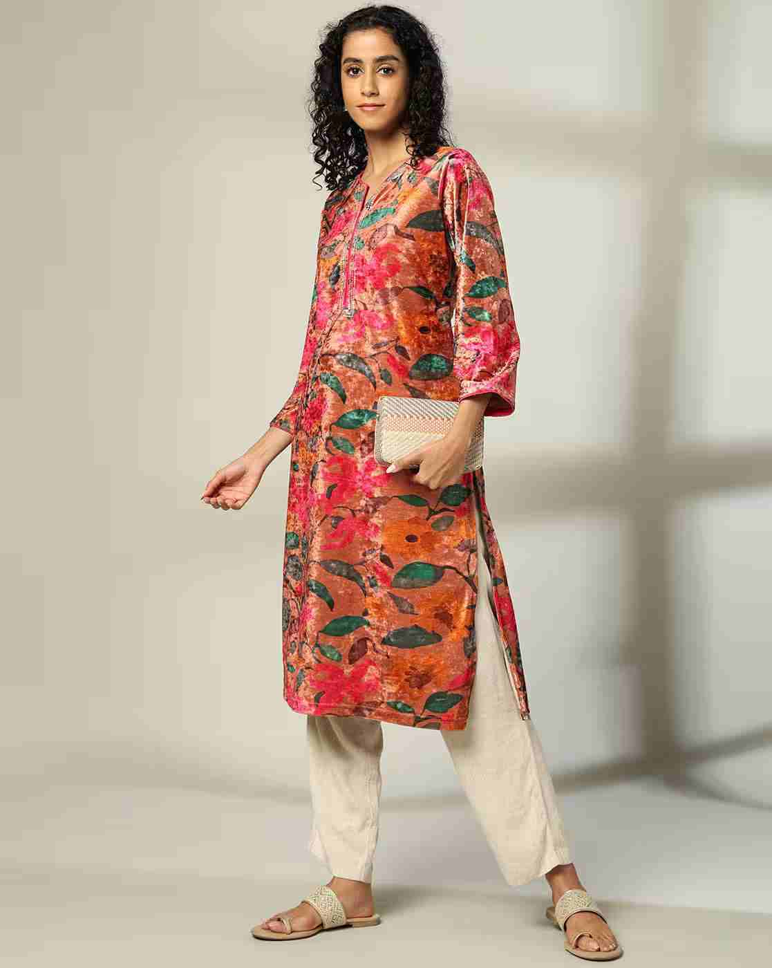 AVAASA MIX N' MATCH | Women Printed Velvet Straight Kurta|0