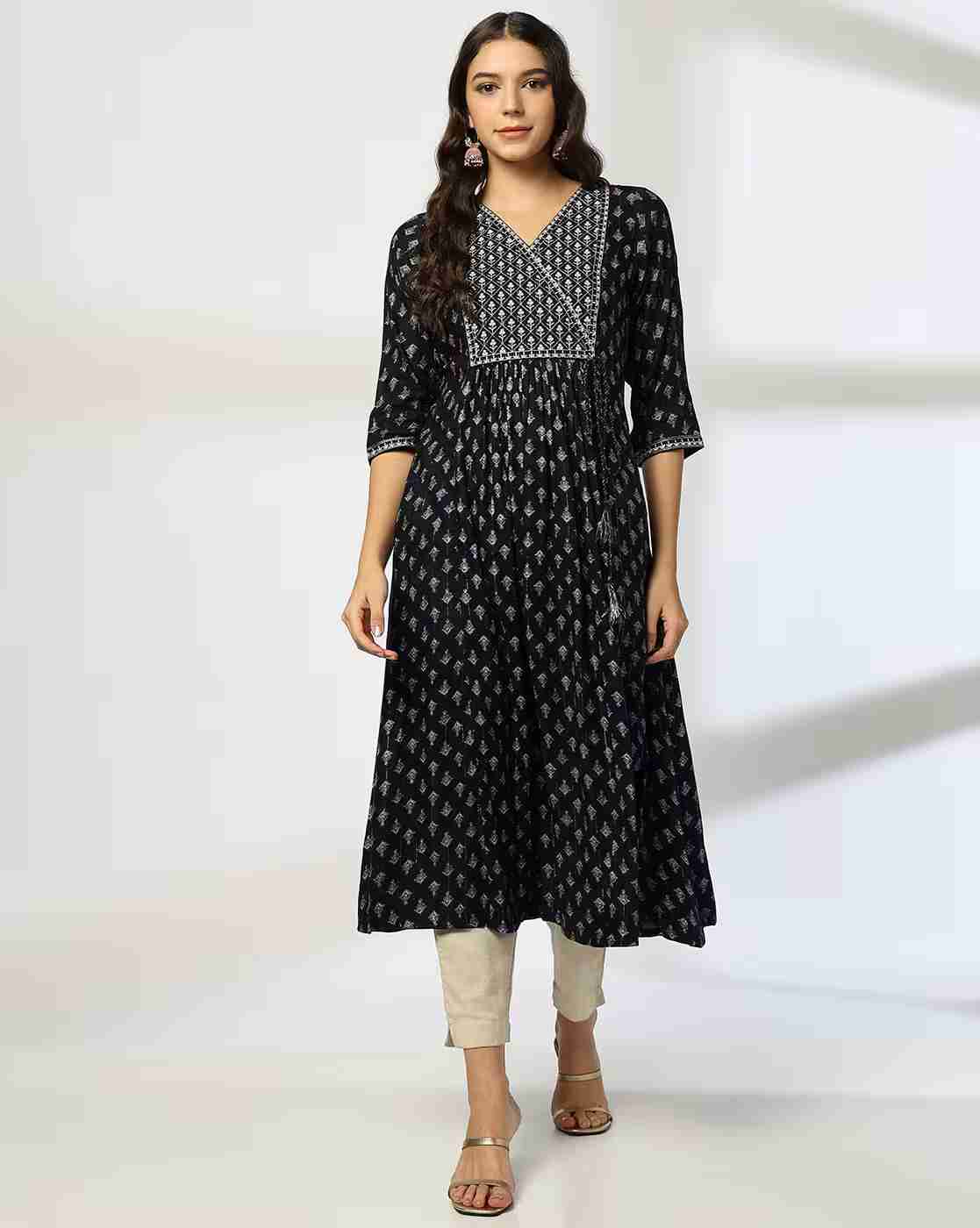 AVAASA MIX N' MATCH | Women Floral Print Flared Kurta with Embroidered Yoke|0