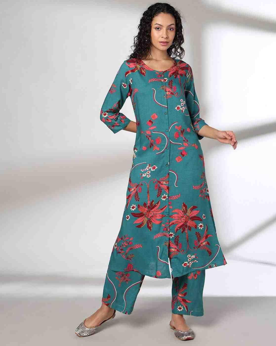 AVAASA MIX N' MATCH | Women Floral Print A-Line Kurta & Pants Set|0