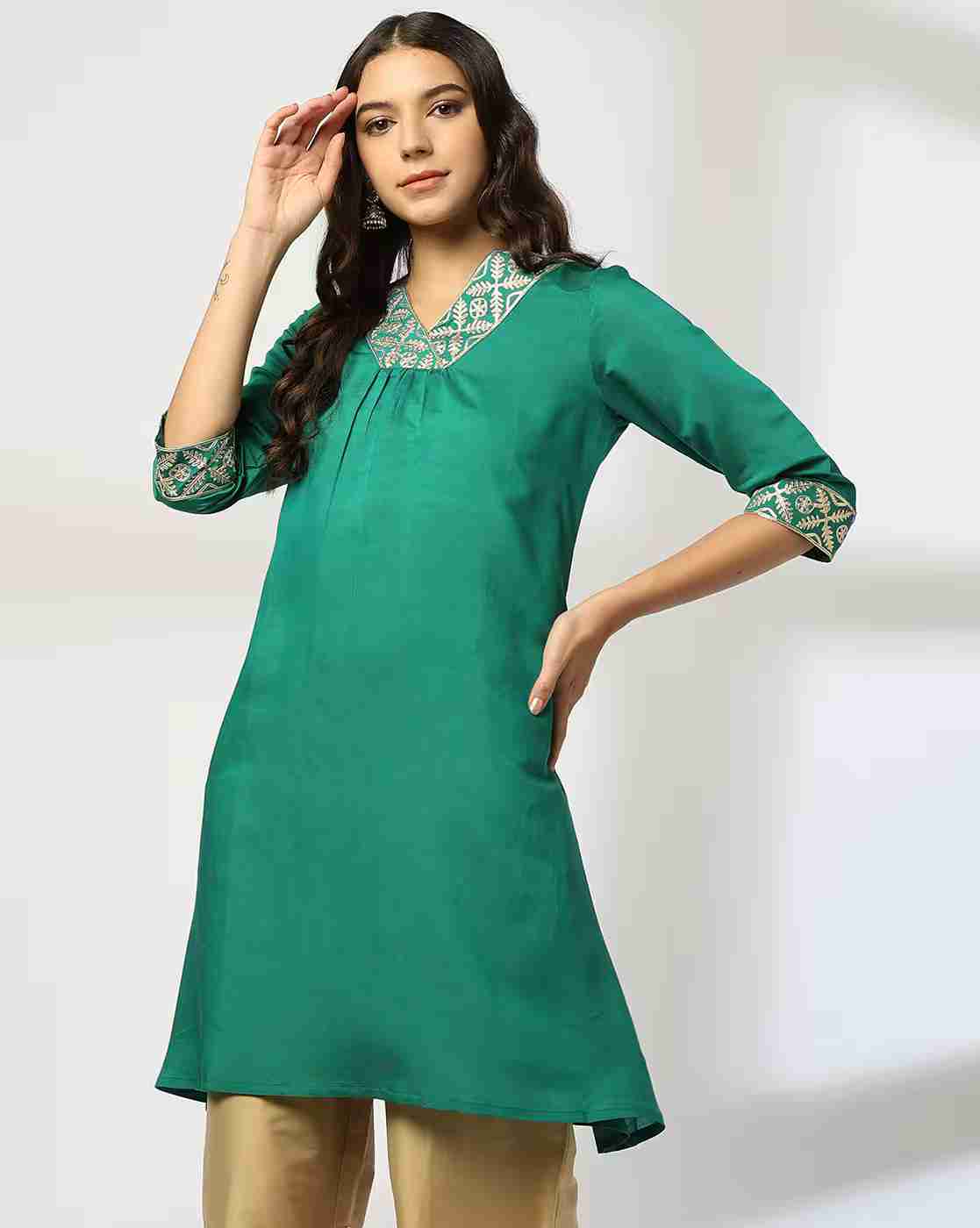 AVAASA MIX N' MATCH | Women A-Line Kurta with Printed Neckline|0