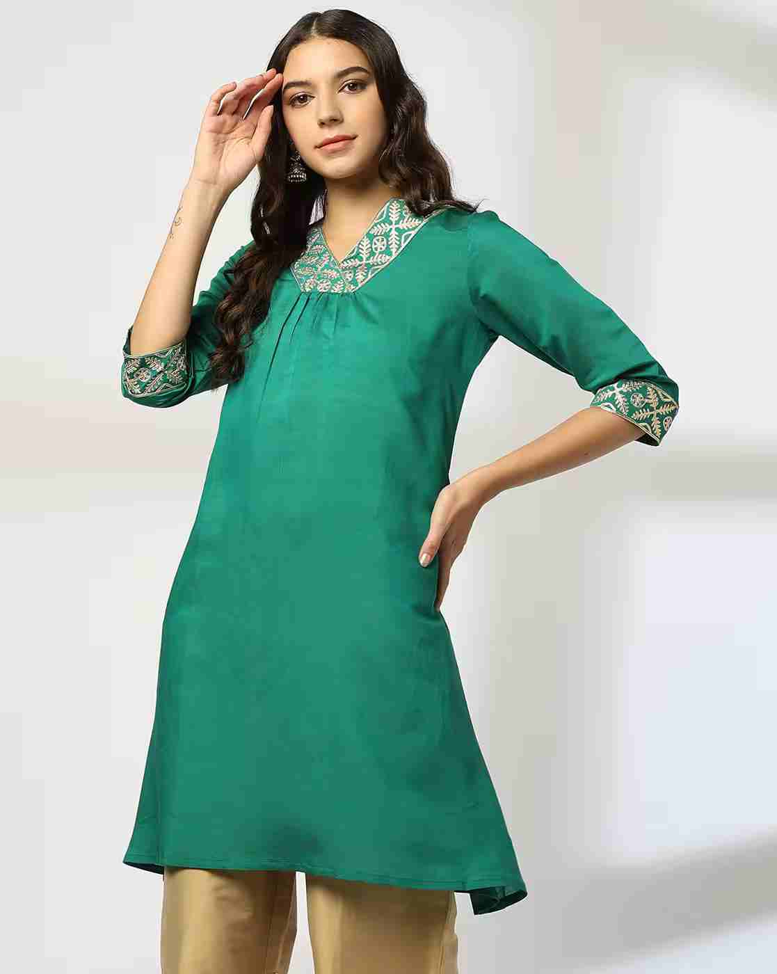 AVAASA MIX N' MATCH | Women A-Line Kurta with Printed Neckline|0