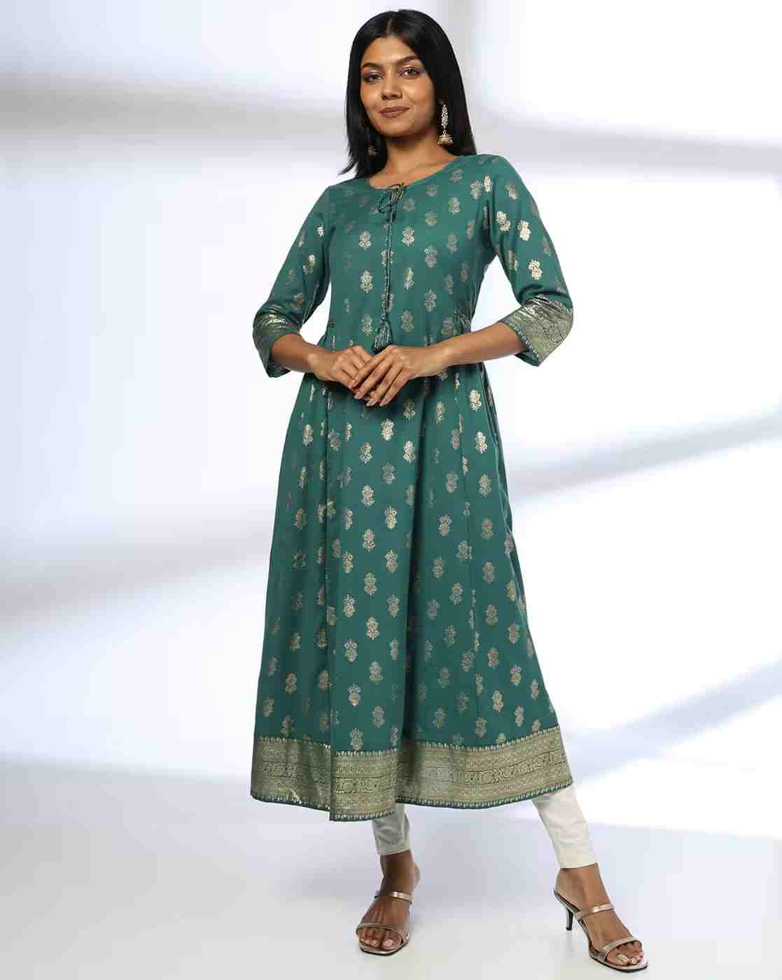 AVAASA MIX N' MATCH | Women Foil Print Flared Kurta|0