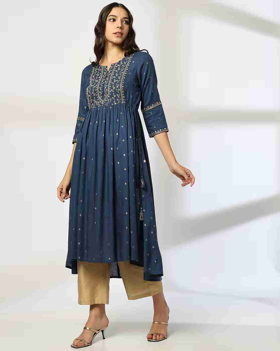 AVAASA MIX N' MATCH | Women Printed Flared Kurta with Embroidered Yoke|0