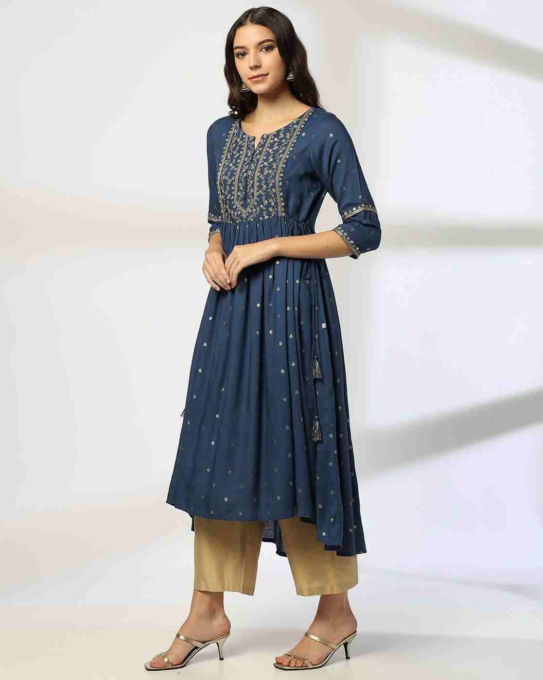AVAASA MIX N' MATCH | Women Printed Flared Kurta with Embroidered Yoke|1