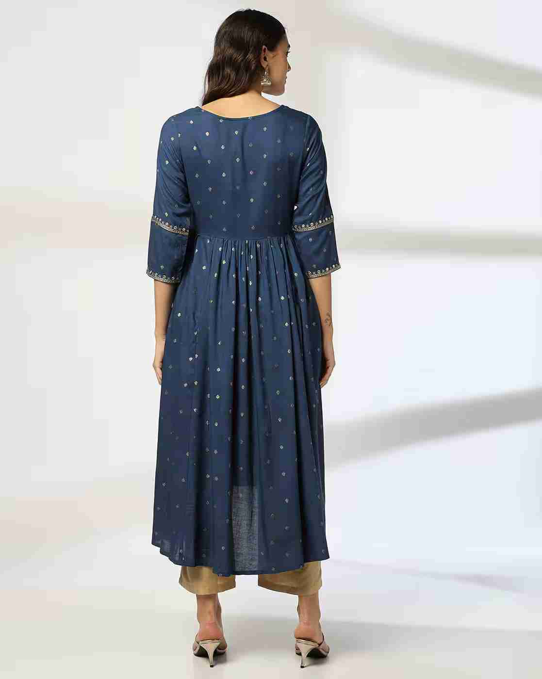 AVAASA MIX N' MATCH | Women Printed Flared Kurta with Embroidered Yoke|2