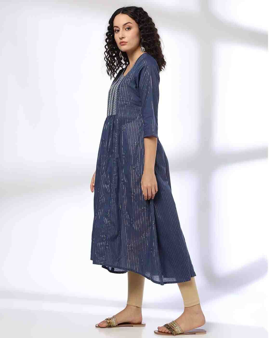 AVAASA MIX N' MATCH | Women Striped Flared Kurta|1