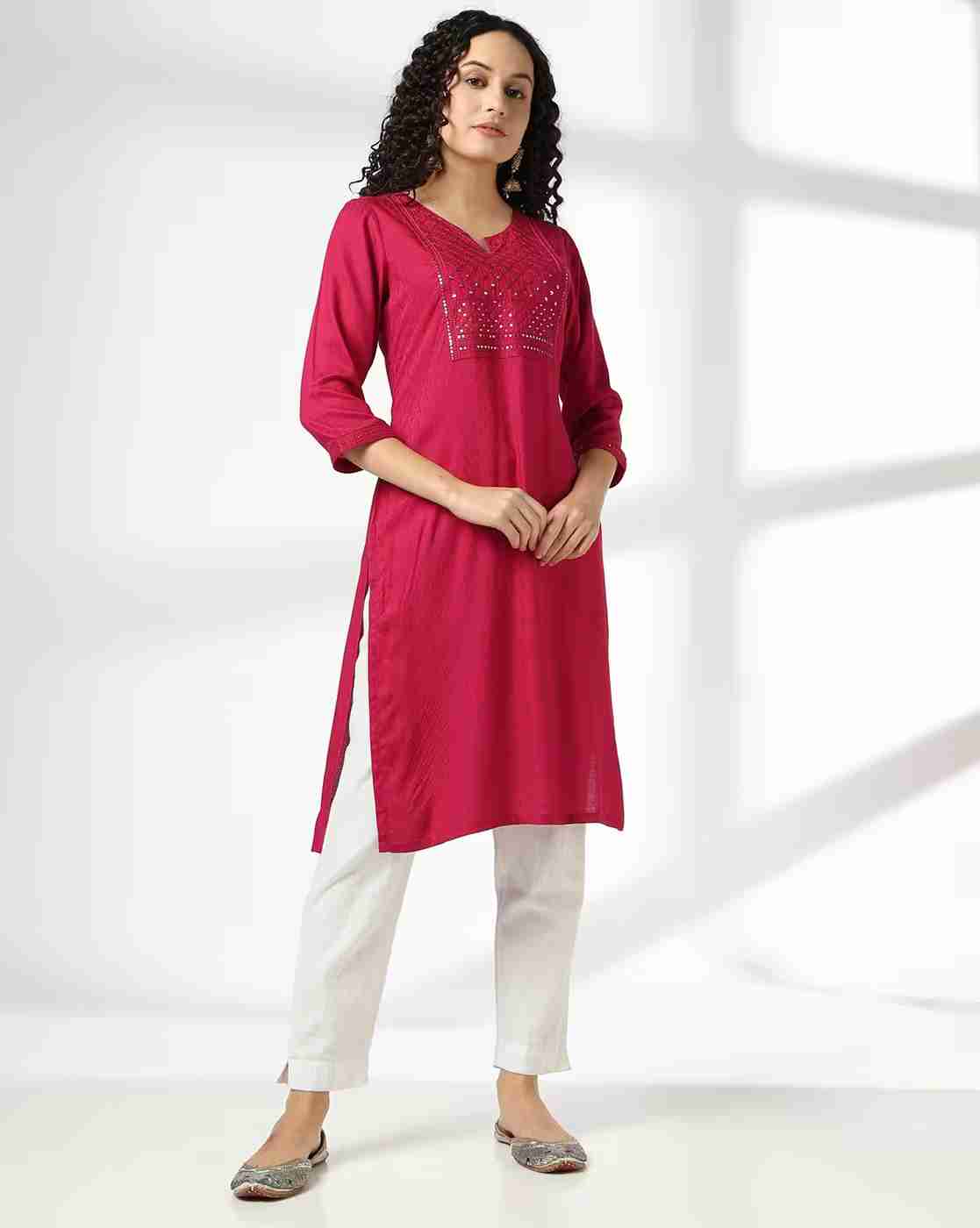 AVAASA MIX N' MATCH | Women Straight Kurta with Embellished Yoke|0