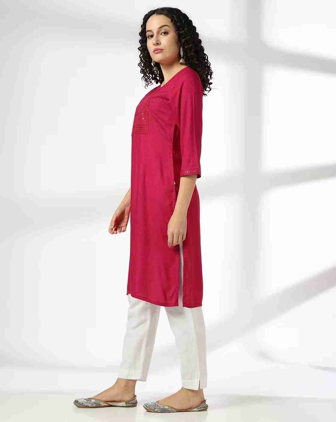 AVAASA MIX N' MATCH | Women Straight Kurta with Embellished Yoke|1