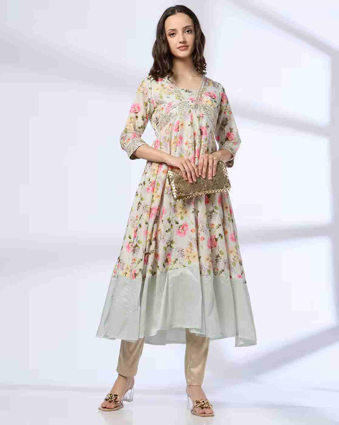 AVAASA MIX N' MATCH | Women Floral Print V-Neck Flared Kurta|0