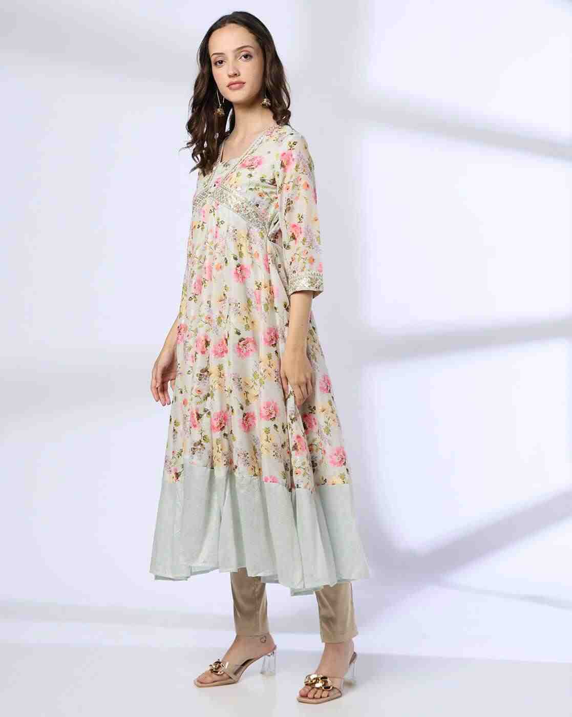AVAASA MIX N' MATCH | Women Floral Print V-Neck Flared Kurta|1