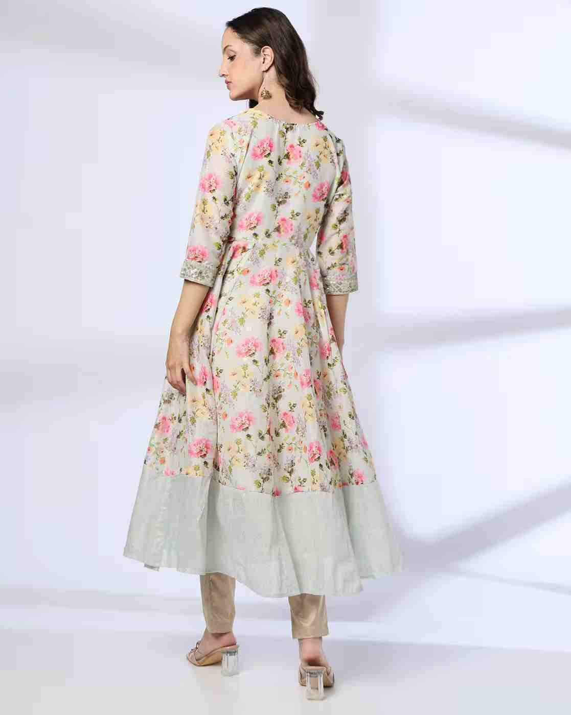AVAASA MIX N' MATCH | Women Floral Print V-Neck Flared Kurta|2