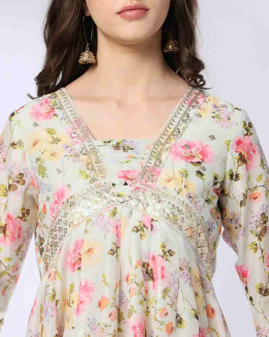 AVAASA MIX N' MATCH | Women Floral Print V-Neck Flared Kurta|3
