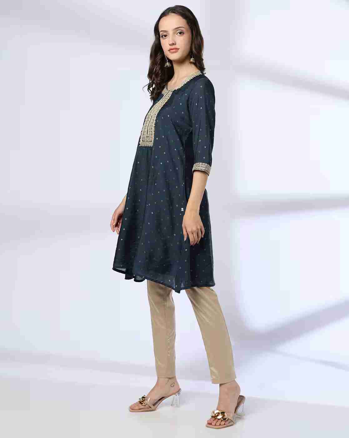 AVAASA MIX N' MATCH | Women Embellished Round-Neck A-Line Kurta|1