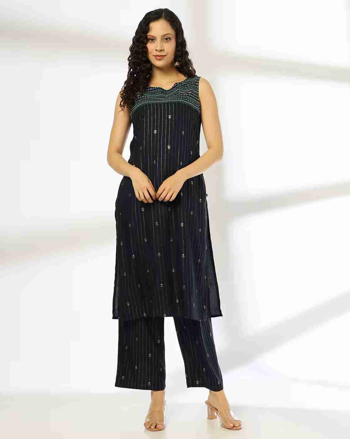 AVAASA MIX N' MATCH | Women Striped Straight Kurta with Pants|0
