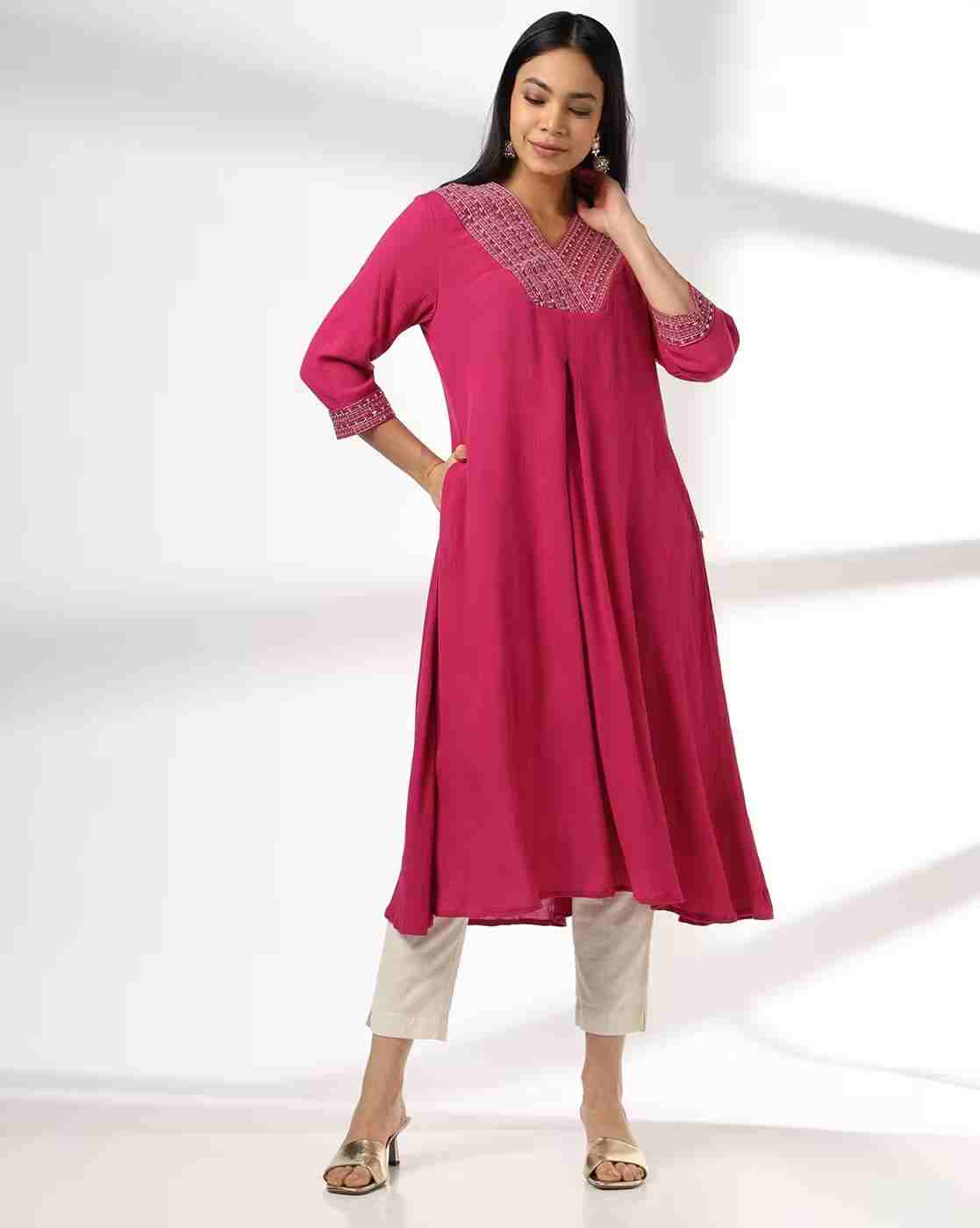 AVAASA MIX N' MATCH | Women Embroidered V-Neck Flared Kurta|0
