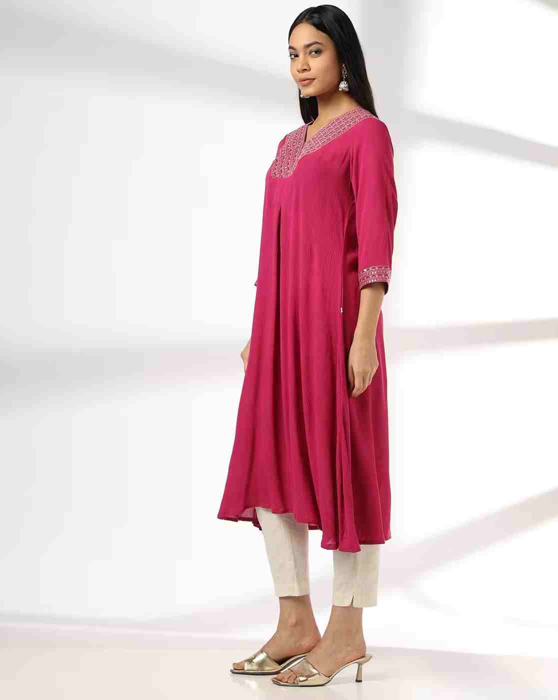 AVAASA MIX N' MATCH | Women Embroidered V-Neck Flared Kurta|1