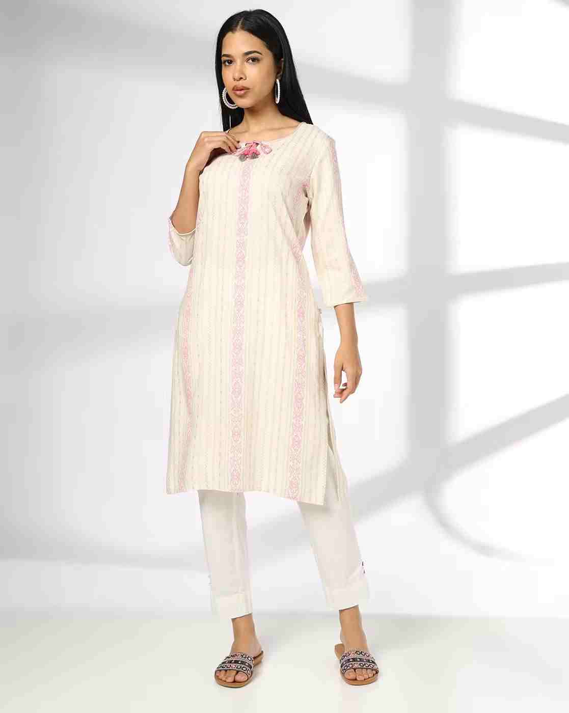 AVAASA MIX N' MATCH | Women Striped Straight Kurta with Neck Tie-Up|0
