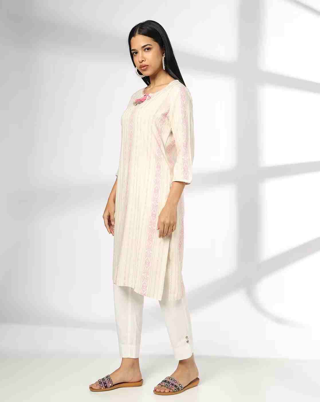 AVAASA MIX N' MATCH | Women Striped Straight Kurta with Neck Tie-Up|1