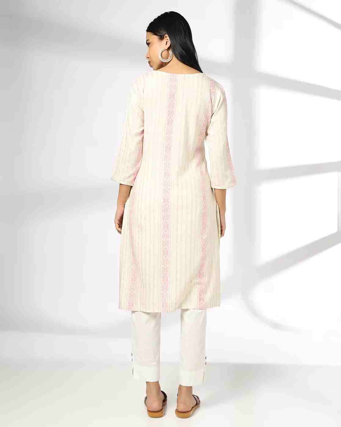AVAASA MIX N' MATCH | Women Striped Straight Kurta with Neck Tie-Up|2