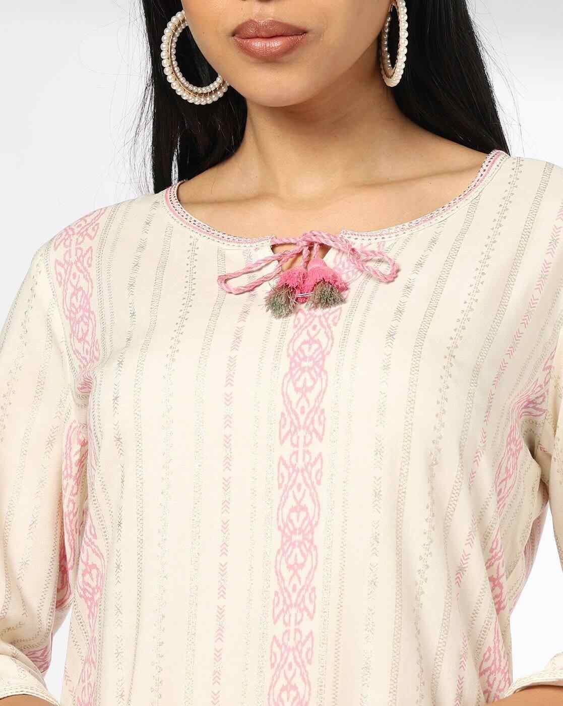 AVAASA MIX N' MATCH | Women Striped Straight Kurta with Neck Tie-Up|3