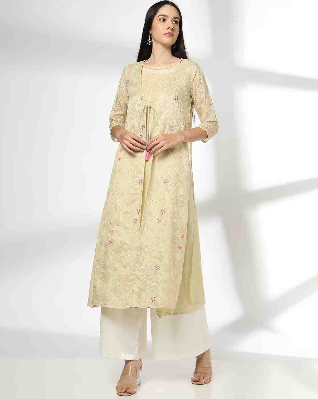 AVAASA MIX N' MATCH | Women Open Jacket Embroidered Flared Kurta|0