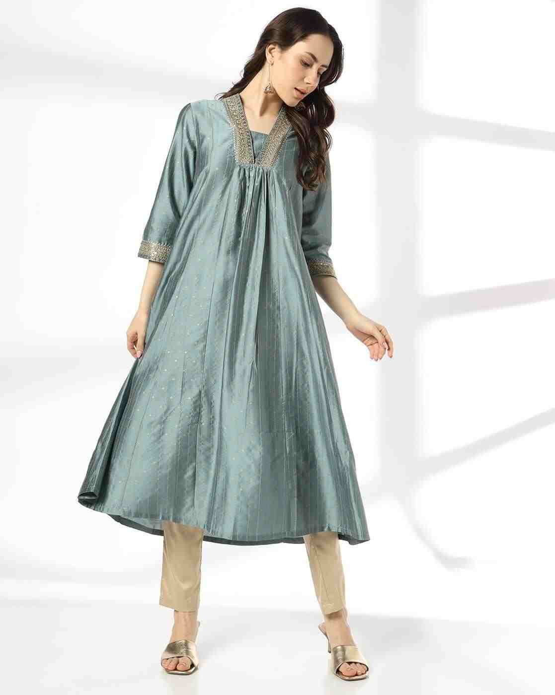 AVAASA MIX N' MATCH | Women Embroidered Yoke Flared Kurta|0