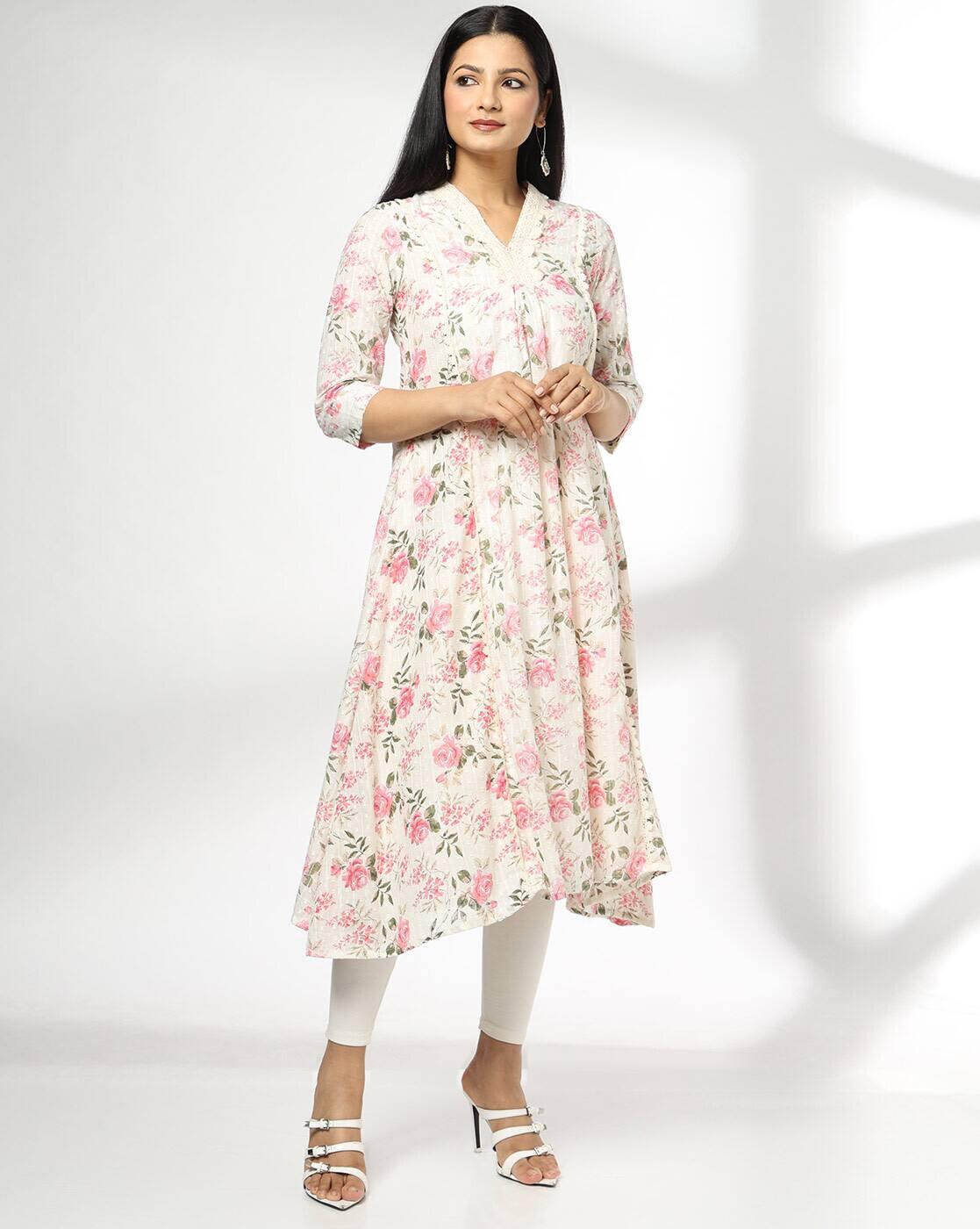 AVAASA MIX N' MATCH | Women Floral Print V-Neck Flared Kurta|0