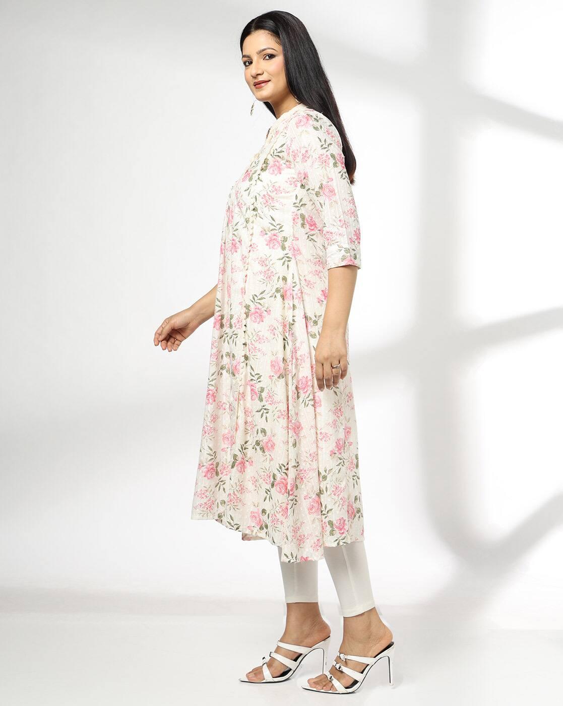 AVAASA MIX N' MATCH | Women Floral Print V-Neck Flared Kurta|1
