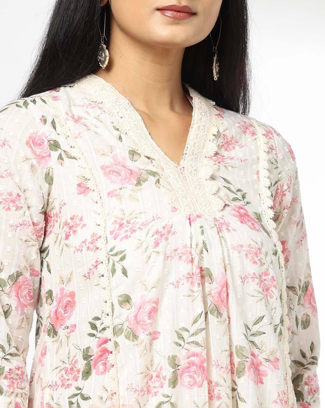 AVAASA MIX N' MATCH | Women Floral Print V-Neck Flared Kurta|3