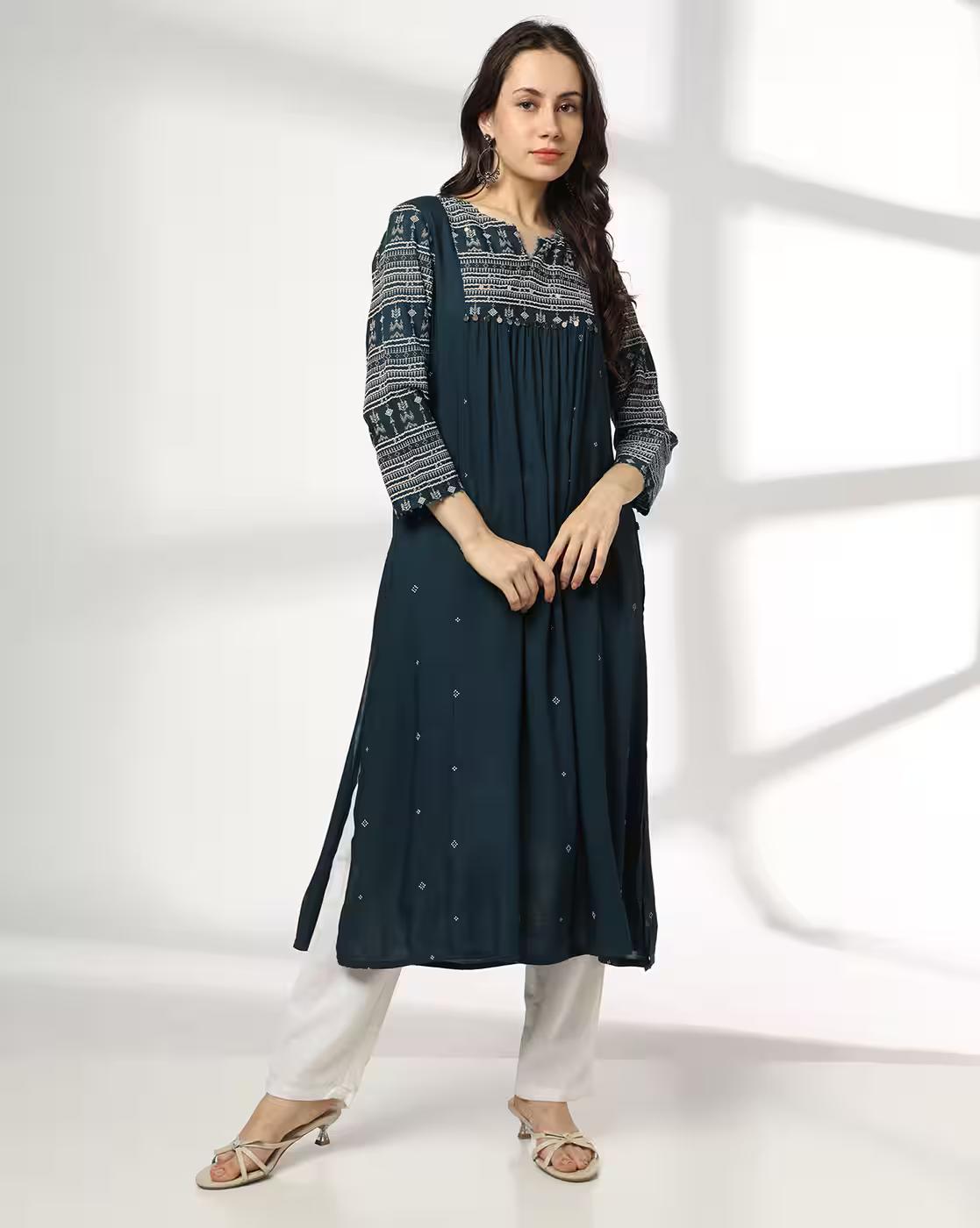 AVAASA MIX N' MATCH | Women Embroidered Flared Kurta|0