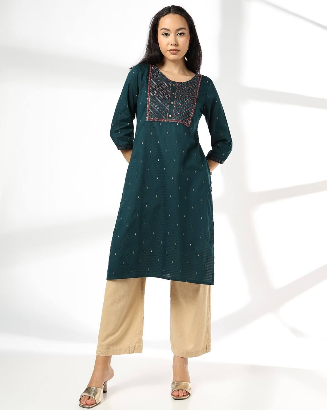 AVAASA MIX N' MATCH | Women Embroidered Yoke Straight Kurta|0