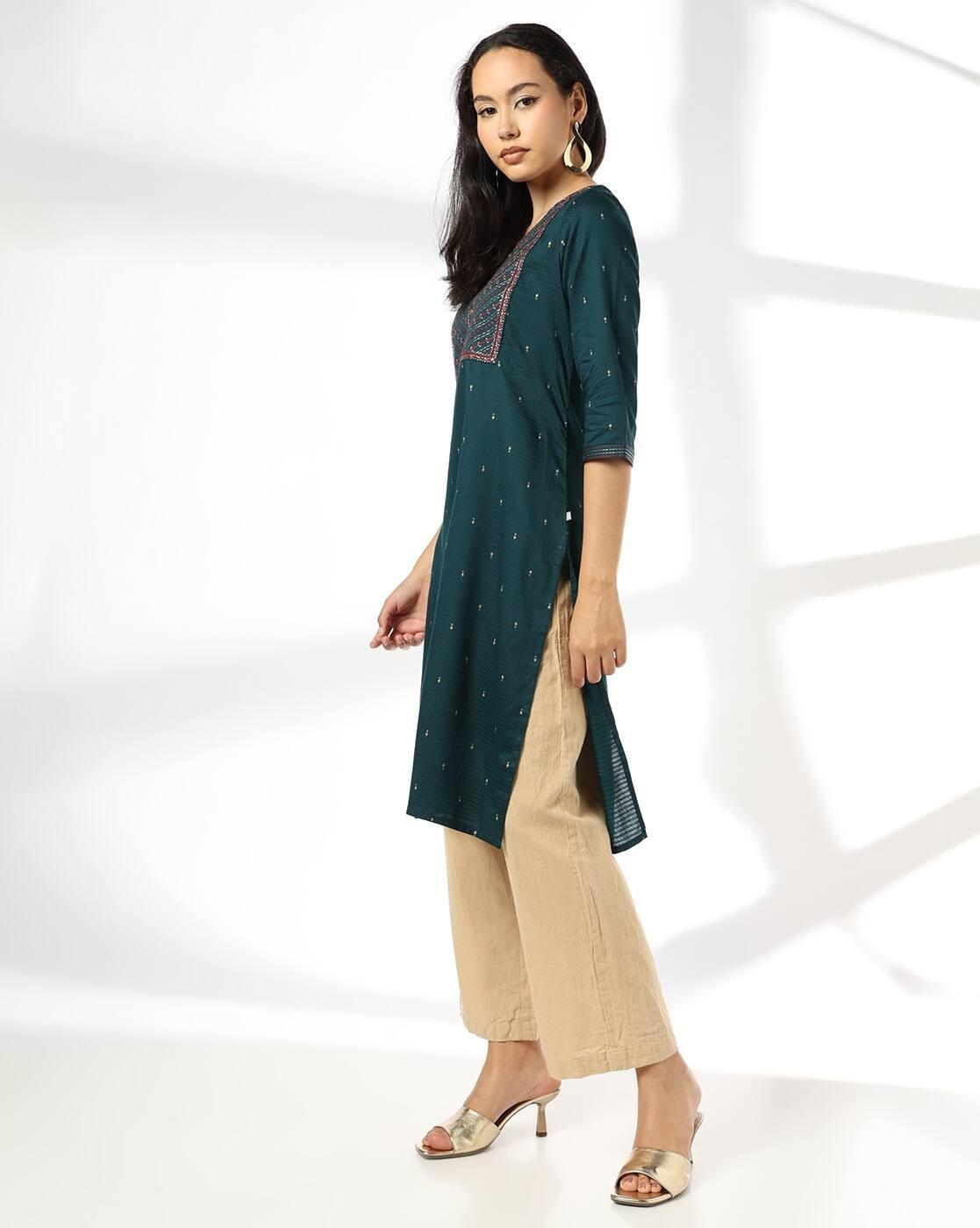 AVAASA MIX N' MATCH | Women Embroidered Yoke Straight Kurta|1