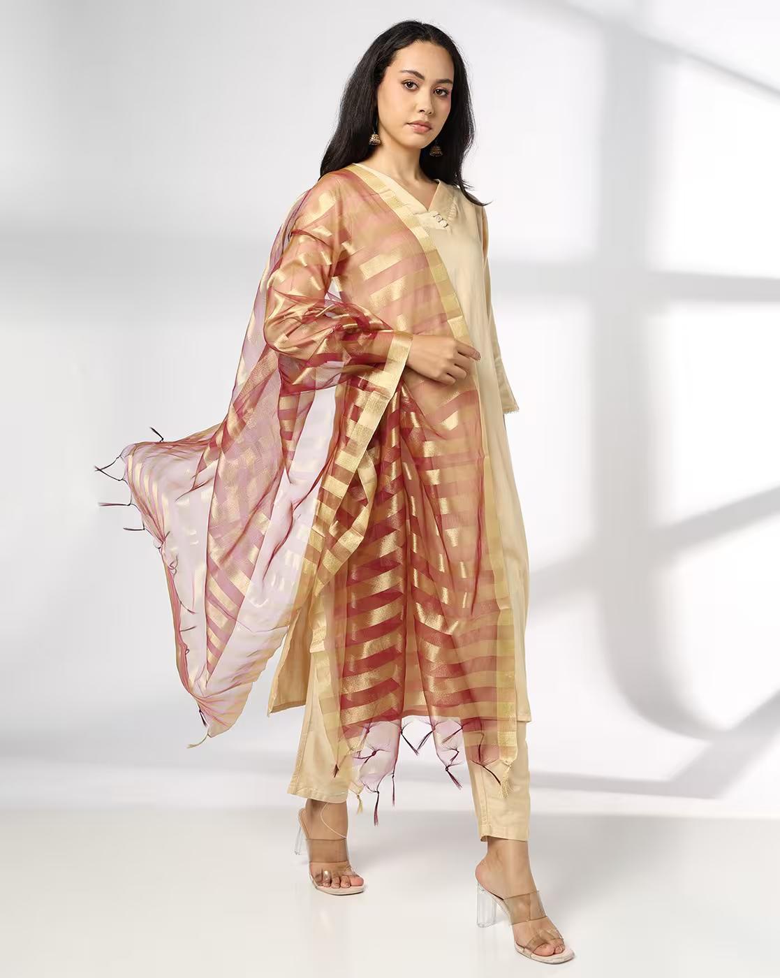 AVAASA MIX N' MATCH | Women Striped Dupatta with Tassels|0