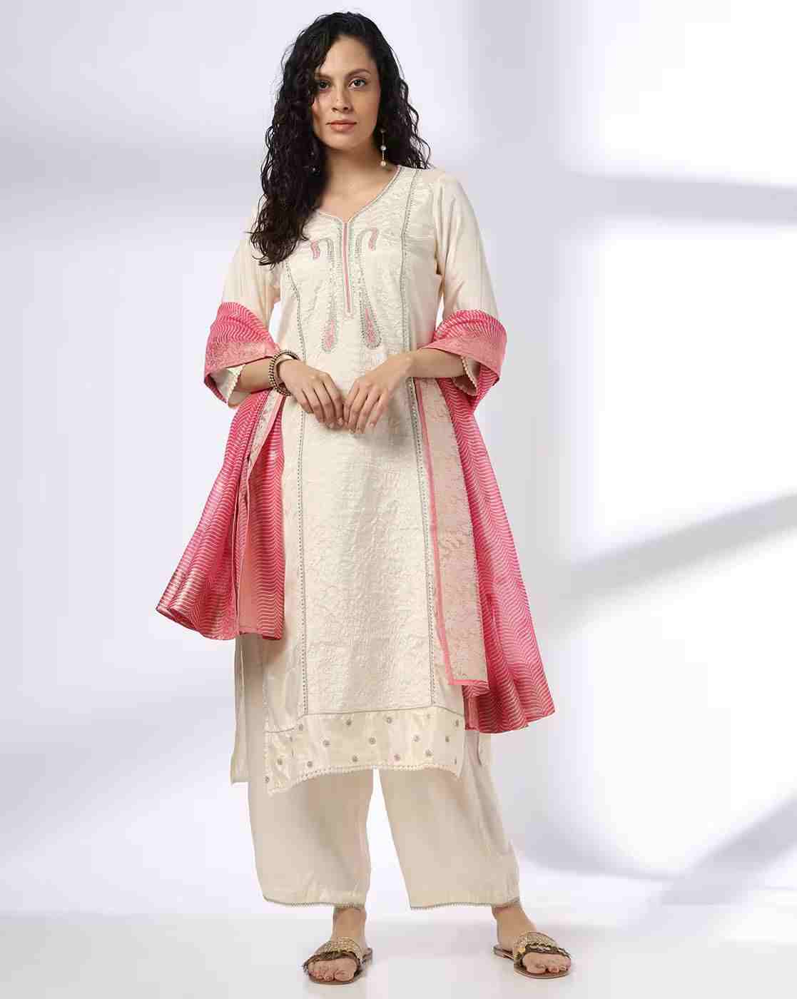 Women Embroidered Straight Kurta with Palazzos & Dupatta