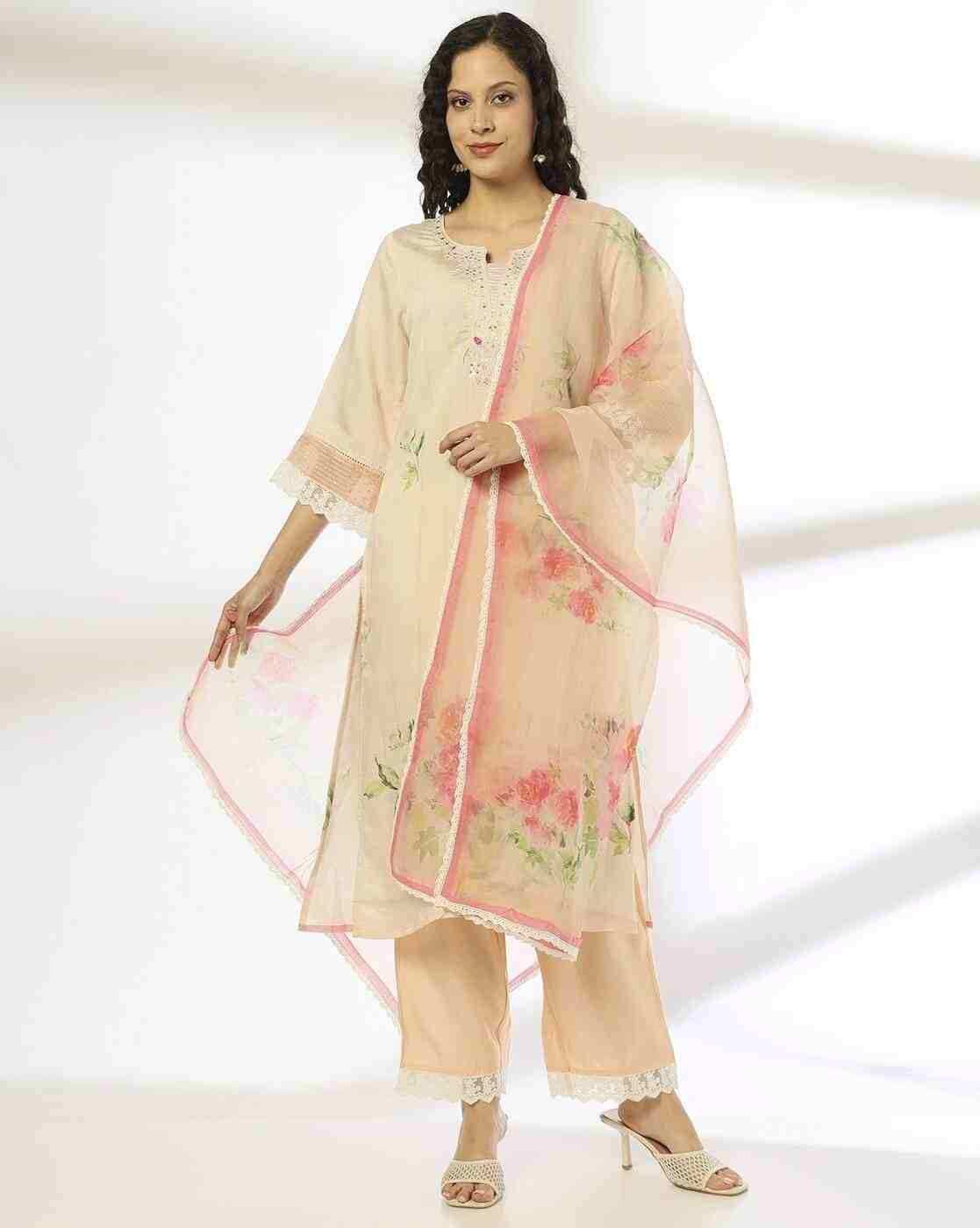 AVAASA SET | Women Floral Print Straight Kurta with Palazzos & Dupatta|0