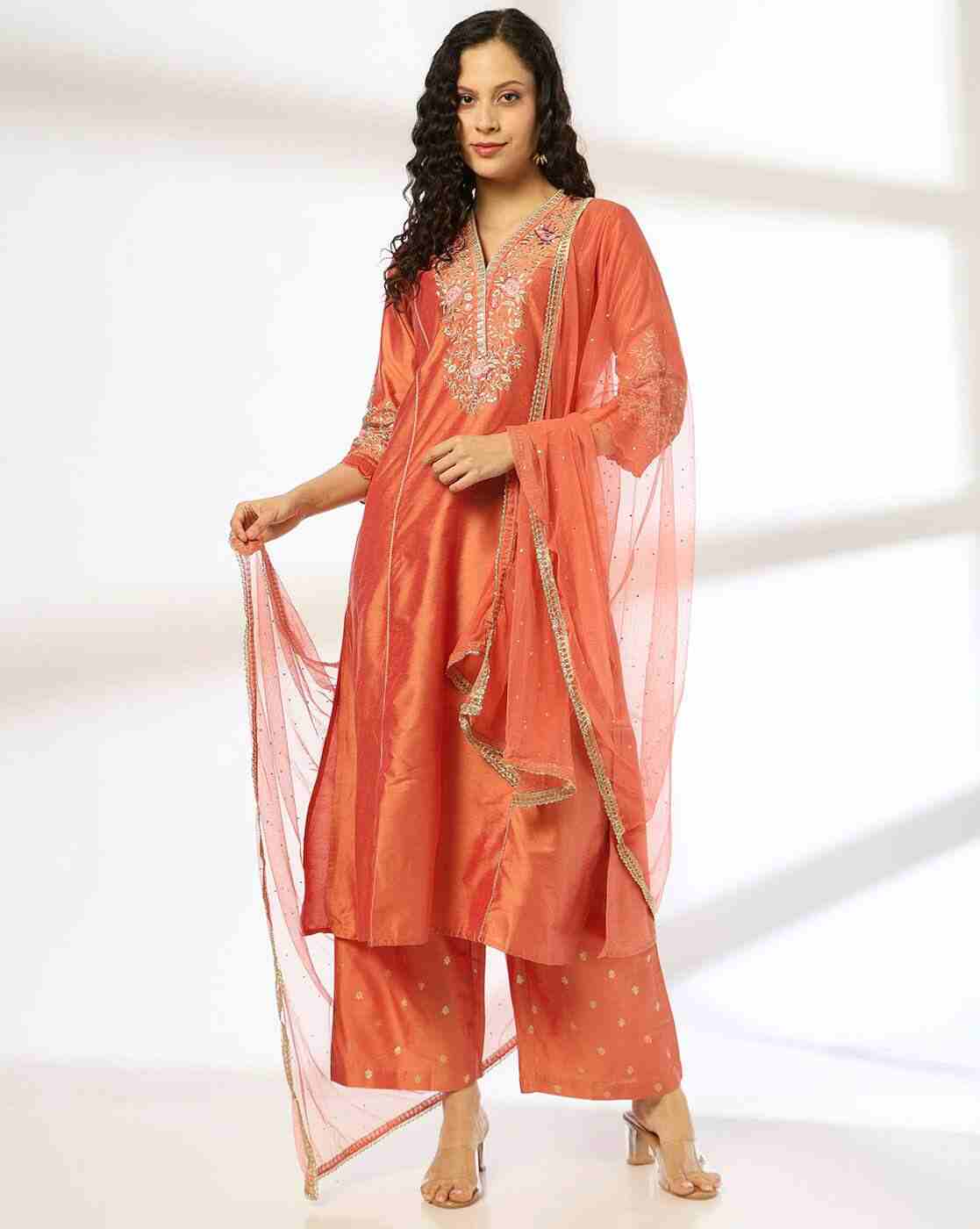 Women Embroidered Straight Kurta with Palazzos & Dupatta