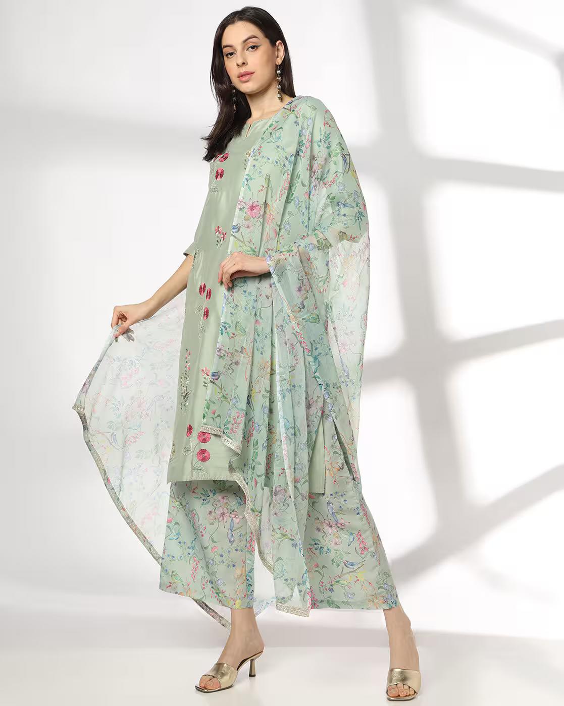 AVAASA SET | Women Floral Print Straight Kurta with Palazzos & Dupatta|0