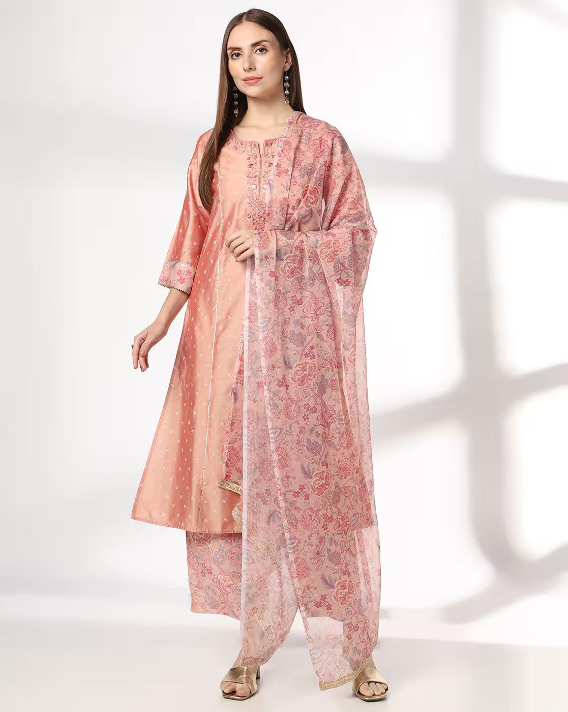 AVAASA SET | Women Embellished Straight Kurta with Palazzos & Dupatta|0