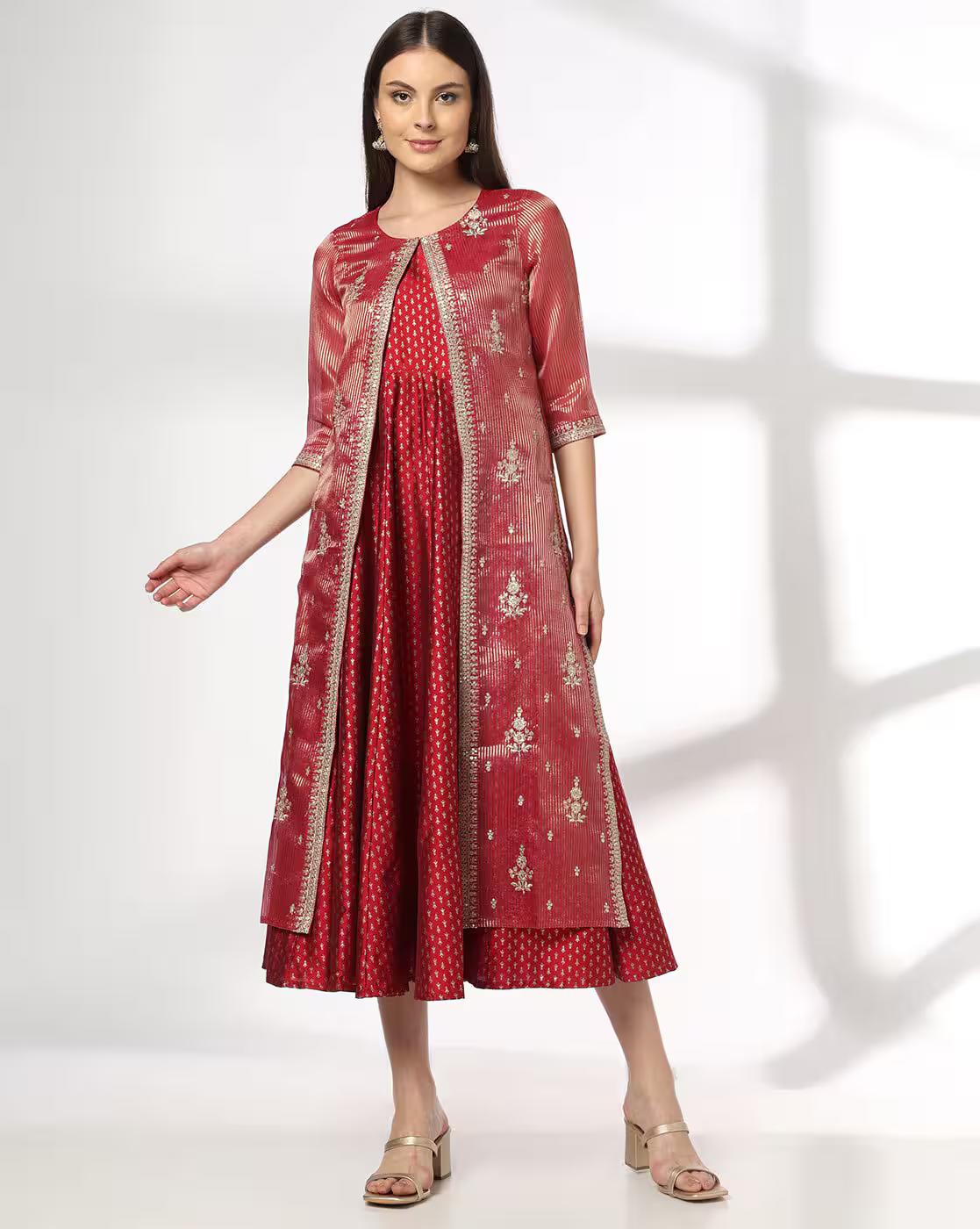 AVAASA SET | Women Embroidered Fit & Flare Dress with Jacket|0