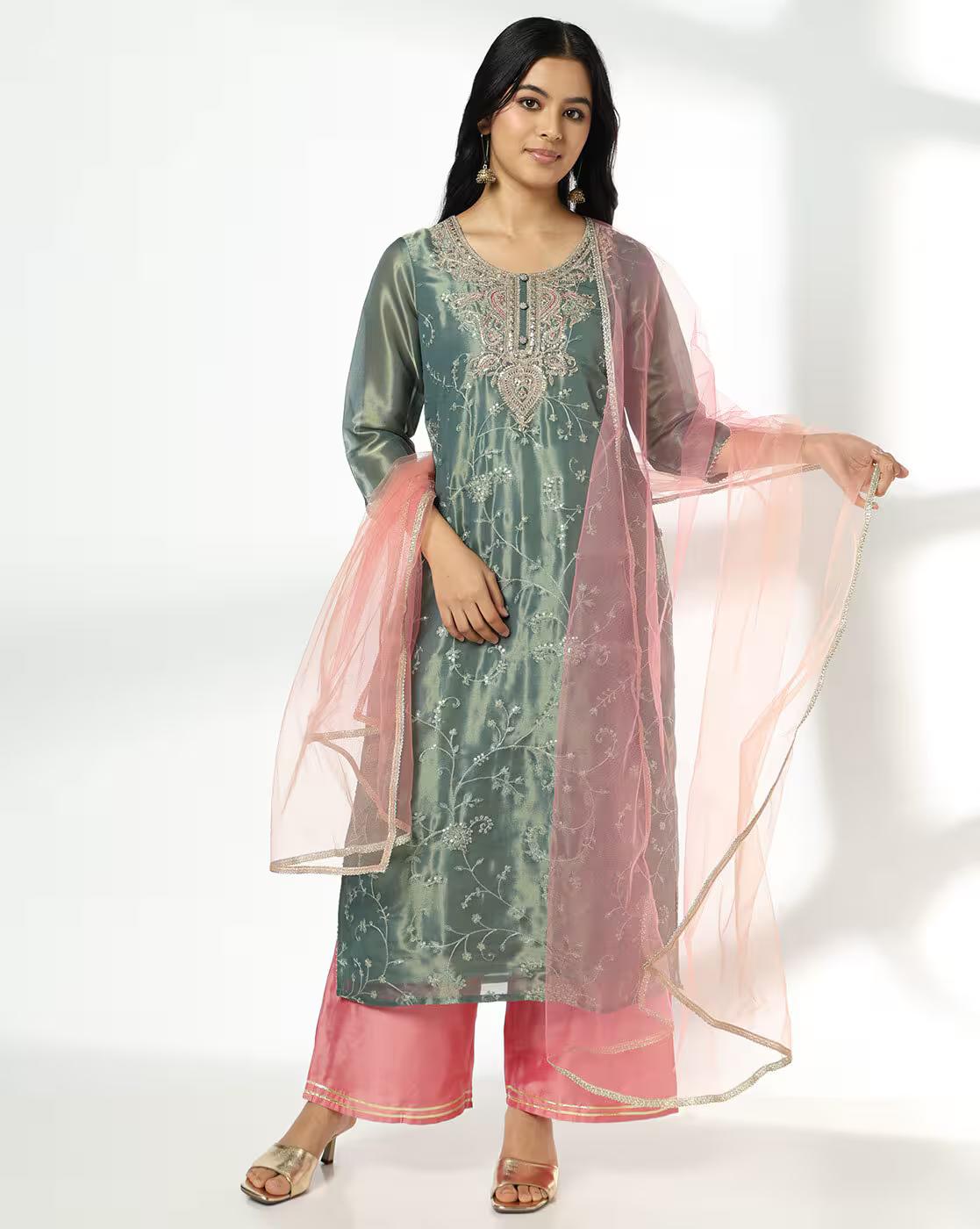 AVAASA SET | Women Embellished Straight Kurta with Palazzos & Dupatta|0
