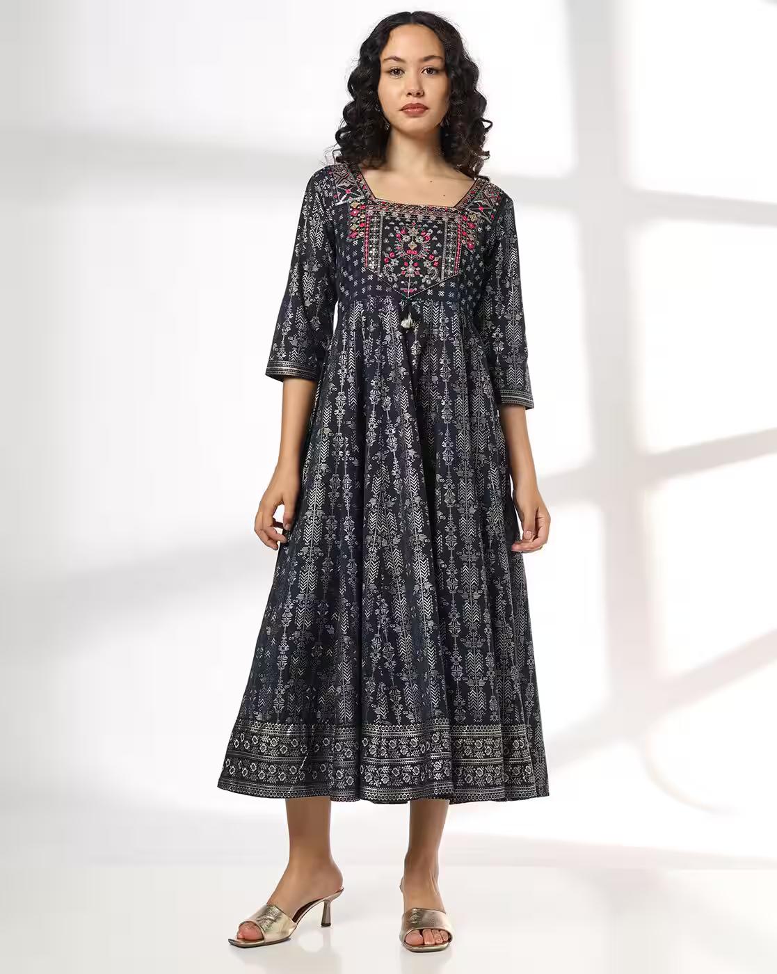 AVAASA SET | Women Fit & Flare Dress with Embroidered Yoke|0