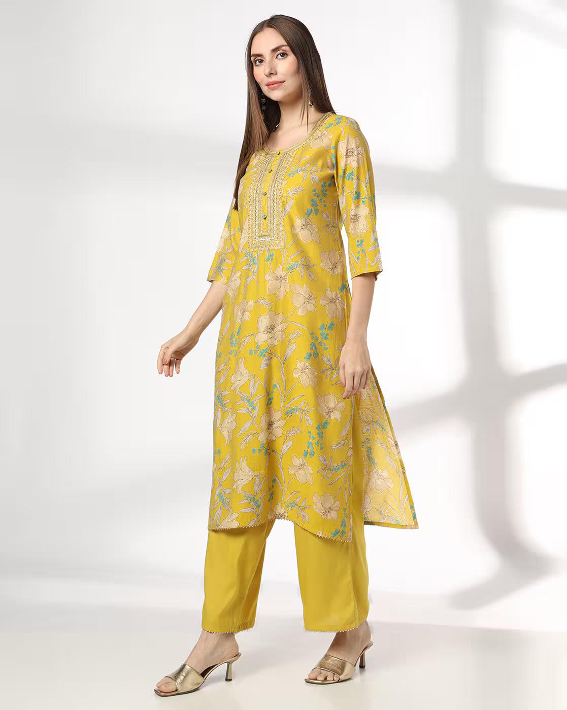AVAASA SET | Women Floral Print Straight Kurta & Palazzos Set|0