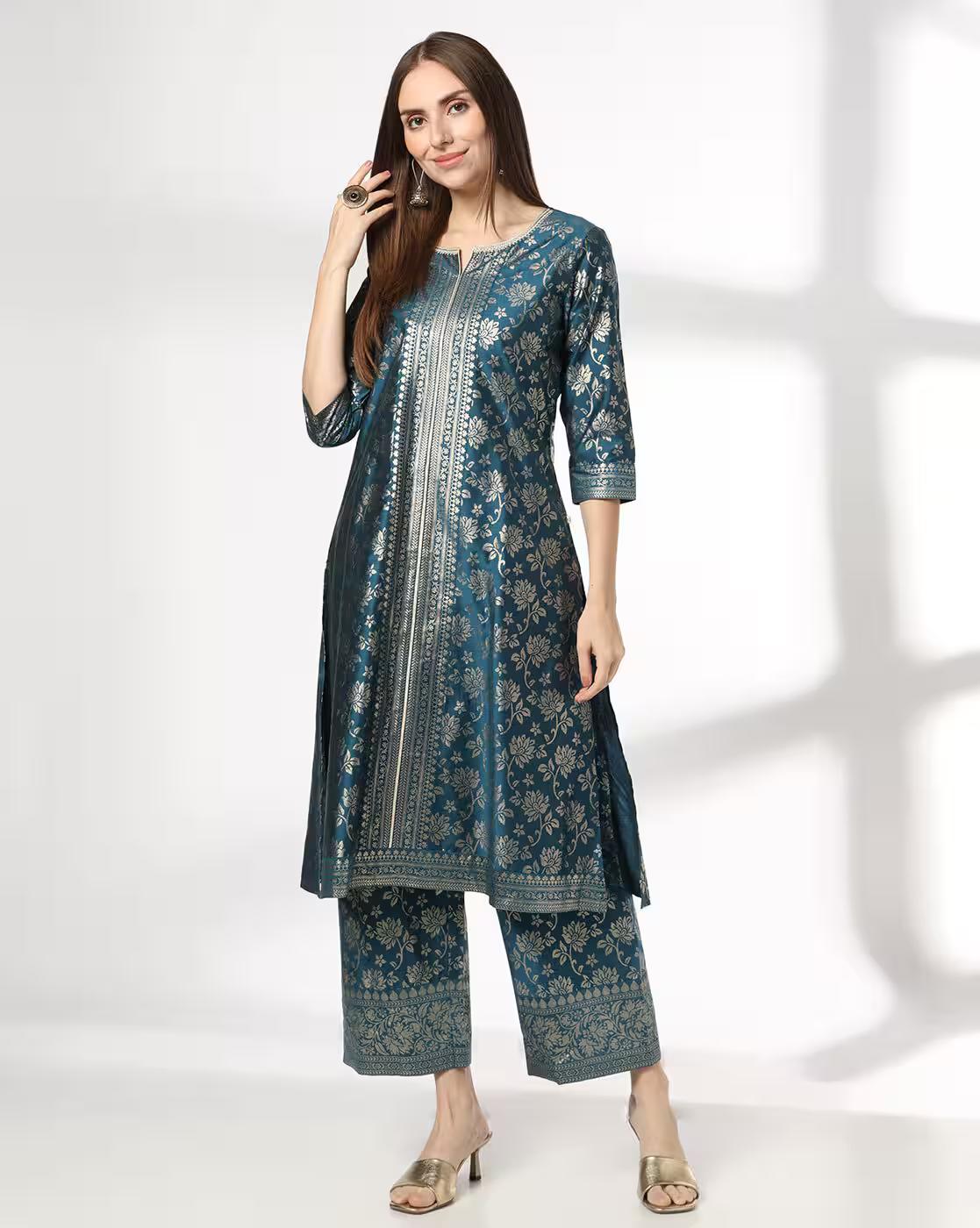AVAASA SET | Women Floral Print Straight Kurta & Palazzos Set|0